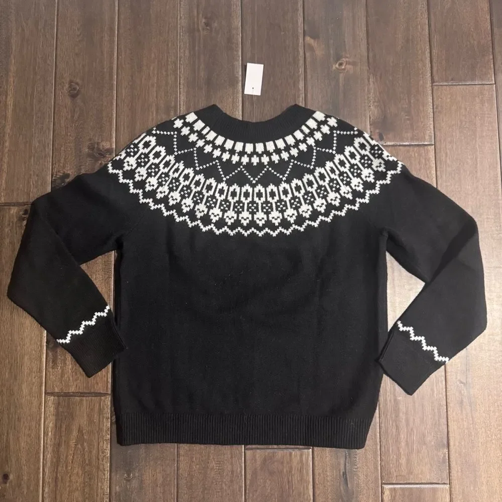 LOFT Black & White Fair Isle Crewneck Apres Ski Sweater XS NWT